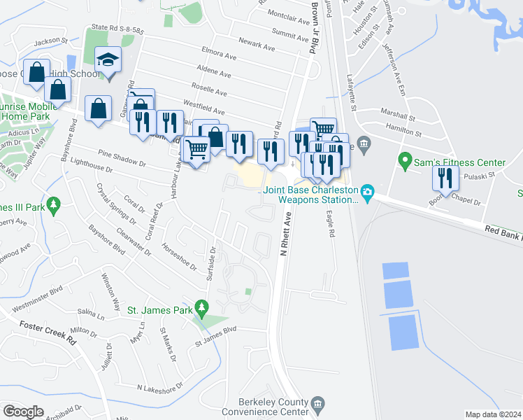 map of restaurants, bars, coffee shops, grocery stores, and more near 120 South Cranford Road in Goose Creek
