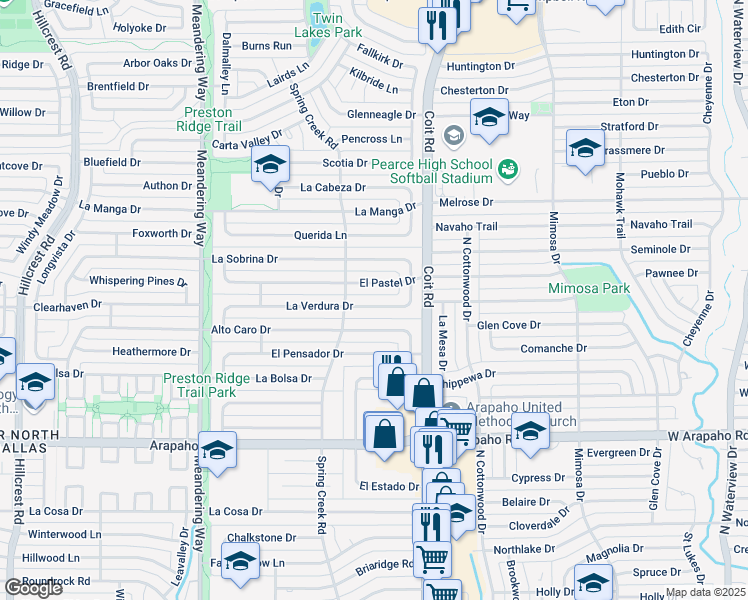 map of restaurants, bars, coffee shops, grocery stores, and more near 7825 La Verdura Drive in Dallas