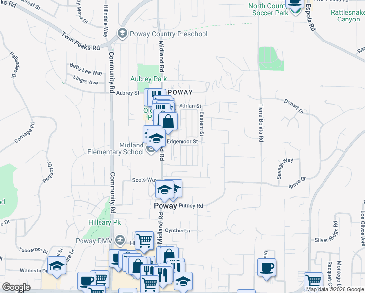 map of restaurants, bars, coffee shops, grocery stores, and more near 13990 Azalea Avenue in Poway