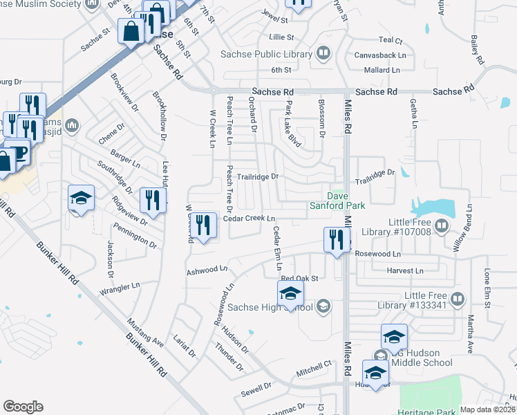 map of restaurants, bars, coffee shops, grocery stores, and more near 3525 Cedar Creek Lane in Sachse