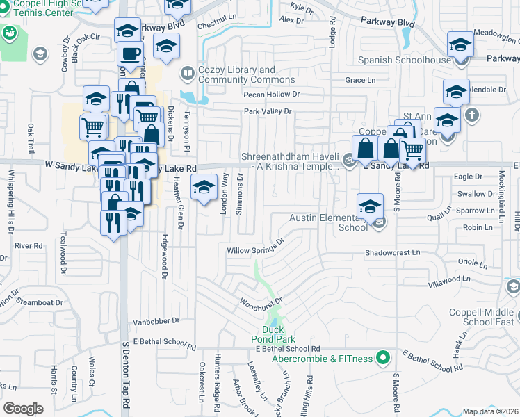 map of restaurants, bars, coffee shops, grocery stores, and more near 216 Simmons Drive in Coppell