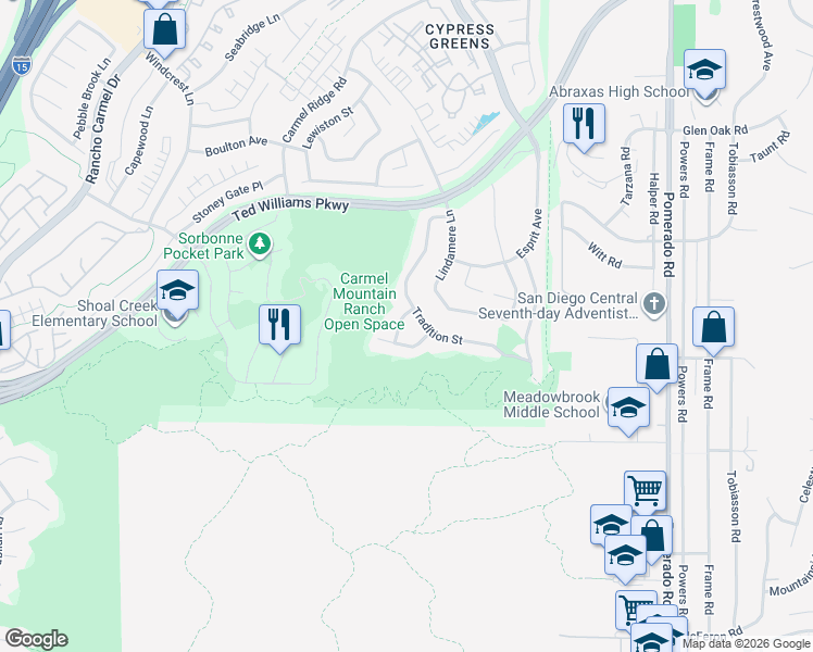 map of restaurants, bars, coffee shops, grocery stores, and more near 13583 Scarsdale Way in San Diego