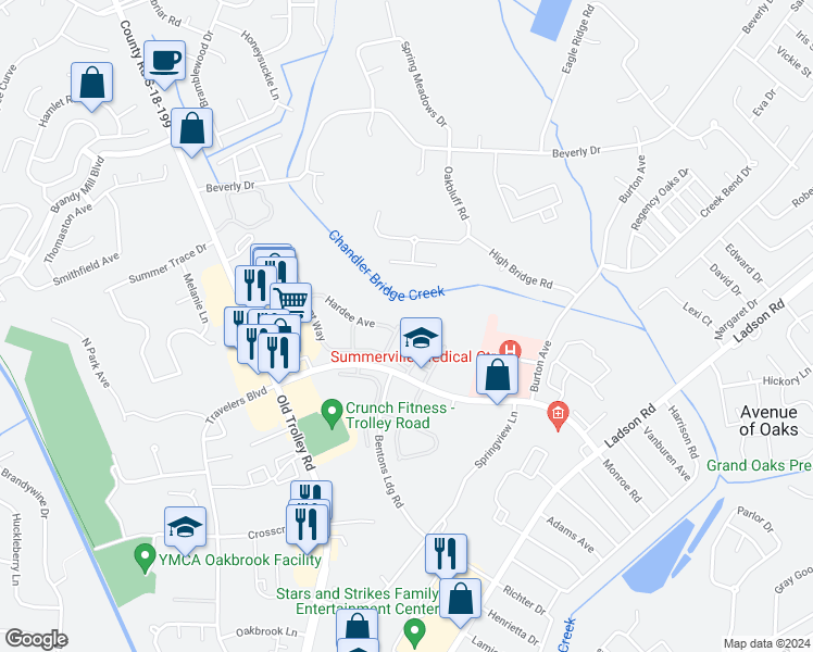 map of restaurants, bars, coffee shops, grocery stores, and more near 124 Stewart Place in Summerville