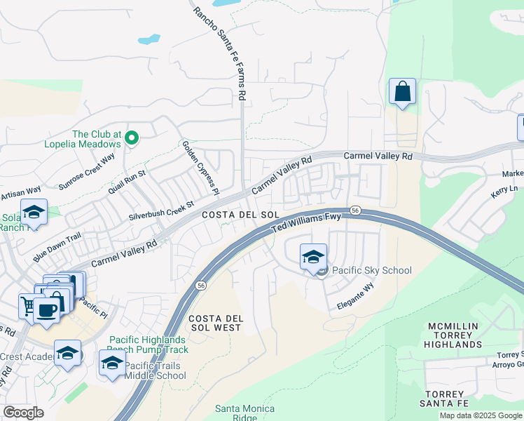 map of restaurants, bars, coffee shops, grocery stores, and more near 6614 Rancho Del Acacia Way in San Diego