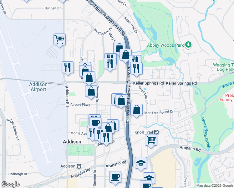 map of restaurants, bars, coffee shops, grocery stores, and more near 16001 Dallas Parkway in Addison