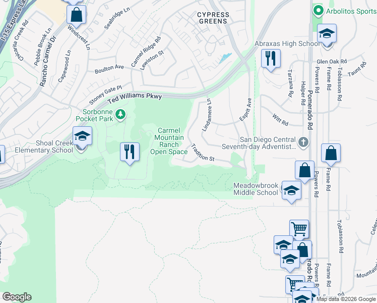 map of restaurants, bars, coffee shops, grocery stores, and more near 13583 Scarsdale Way in San Diego