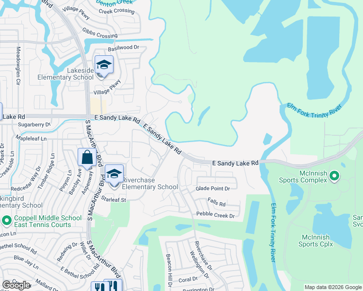 map of restaurants, bars, coffee shops, grocery stores, and more near 1399 East Sandy Lake Road in Irving