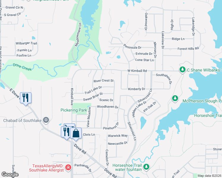 map of restaurants, bars, coffee shops, grocery stores, and more near 2912 Sweet Briar Street in Grapevine