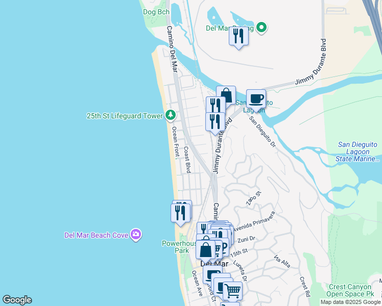 map of restaurants, bars, coffee shops, grocery stores, and more near 2073 Sand Barr Lane in Del Mar