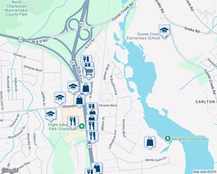 map of restaurants, bars, coffee shops, grocery stores, and more near 13 North Basilica Avenue in Hanahan