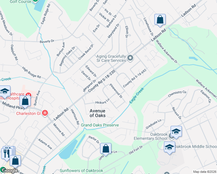 map of restaurants, bars, coffee shops, grocery stores, and more near 114 Pinewood Street in Ladson