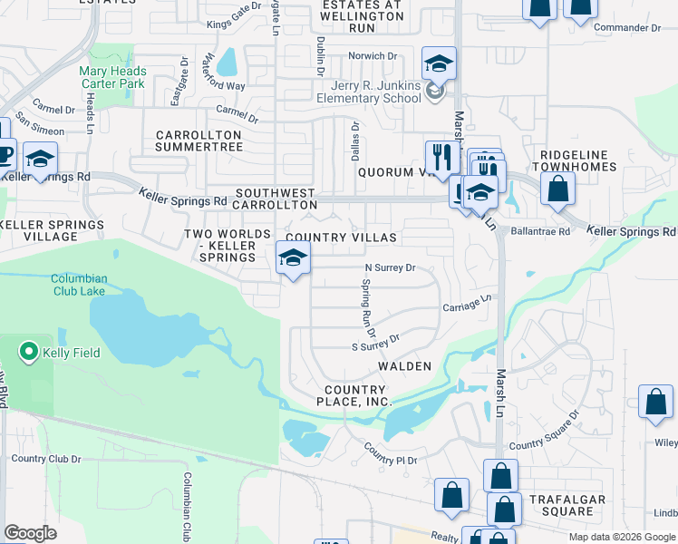 map of restaurants, bars, coffee shops, grocery stores, and more near 2711 Quail Ridge Drive in Carrollton