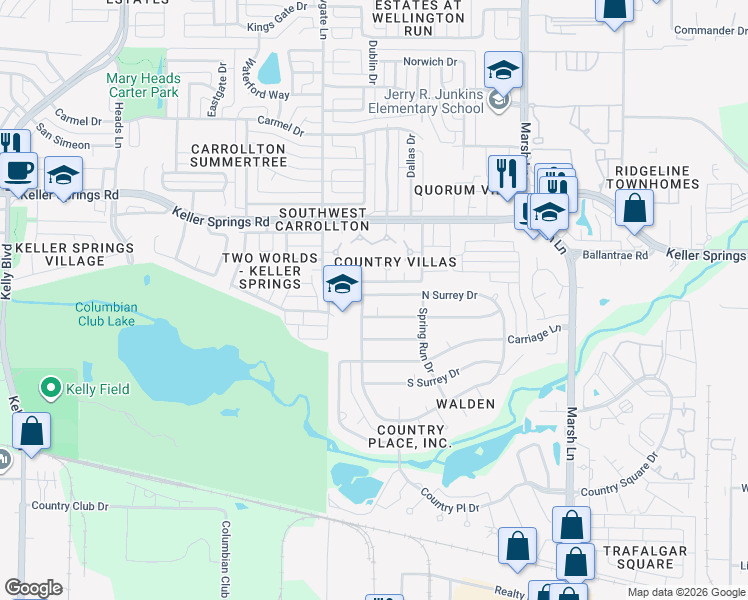 map of restaurants, bars, coffee shops, grocery stores, and more near 2701 Quail Ridge Drive in Carrollton