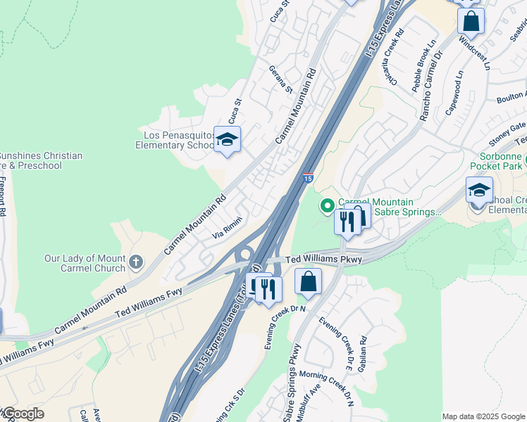 map of restaurants, bars, coffee shops, grocery stores, and more near 11081 Via San Marco in San Diego