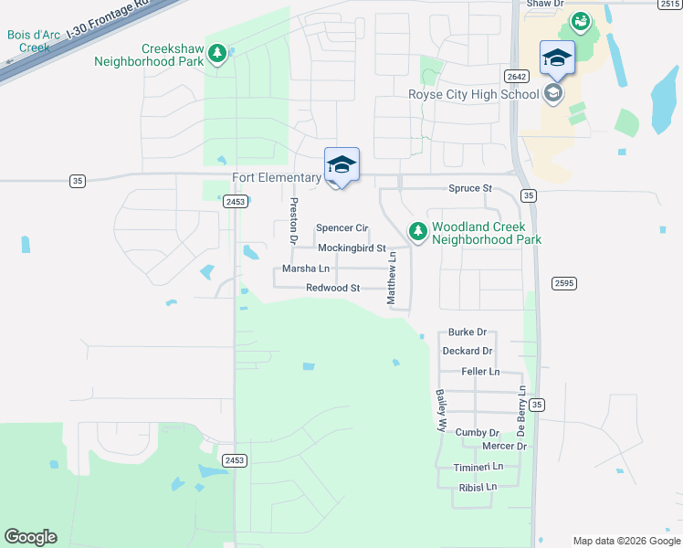 map of restaurants, bars, coffee shops, grocery stores, and more near 2725 Marsha Lane in Royse City