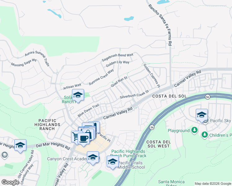 map of restaurants, bars, coffee shops, grocery stores, and more near 13559 Hyacinth Hills Way in San Diego