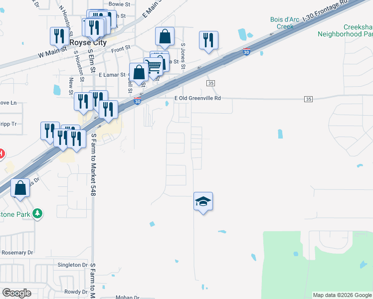 map of restaurants, bars, coffee shops, grocery stores, and more near 929 Cemetery Road in Royse City