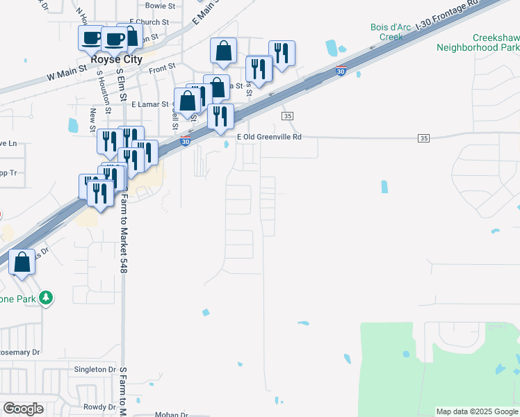 map of restaurants, bars, coffee shops, grocery stores, and more near 928 Cemetery Road in Royse City