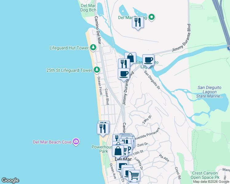 map of restaurants, bars, coffee shops, grocery stores, and more near 216 21st Street in Del Mar