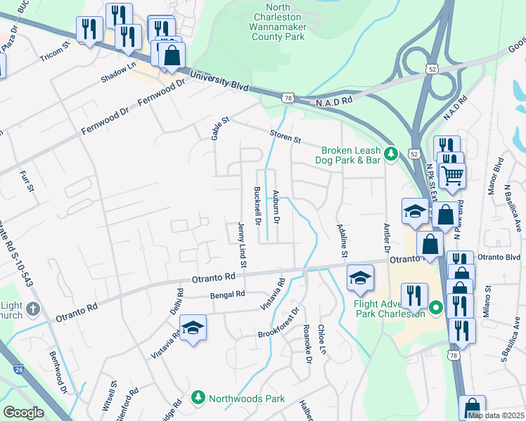 map of restaurants, bars, coffee shops, grocery stores, and more near 8760 Bucknell Drive in North Charleston
