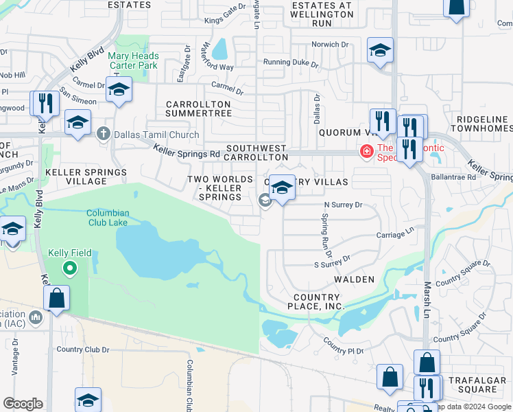map of restaurants, bars, coffee shops, grocery stores, and more near 2000 Via Ballena in Carrollton