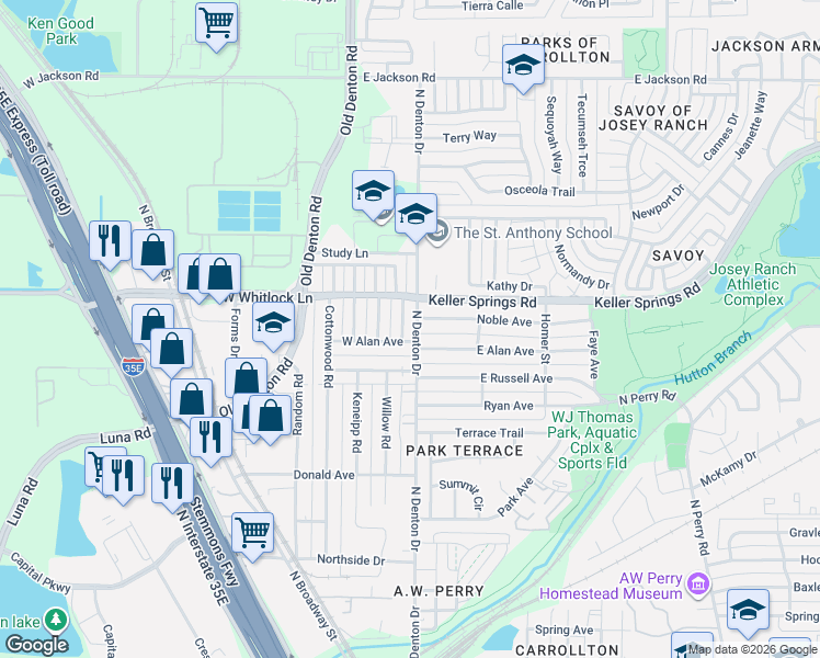 map of restaurants, bars, coffee shops, grocery stores, and more near 1900 Pat Lane in Carrollton