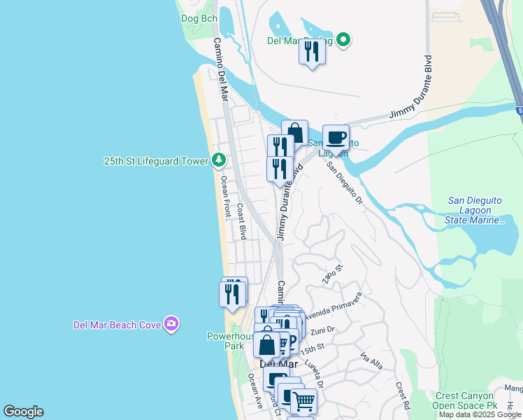 map of restaurants, bars, coffee shops, grocery stores, and more near 216 21st Street in Del Mar