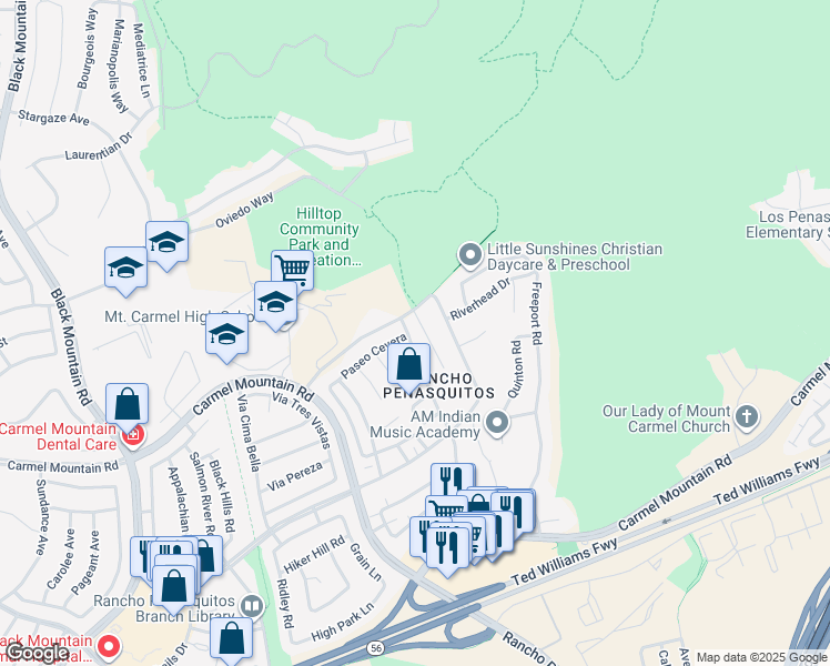 map of restaurants, bars, coffee shops, grocery stores, and more near 13879 Paseo Cardiel in San Diego