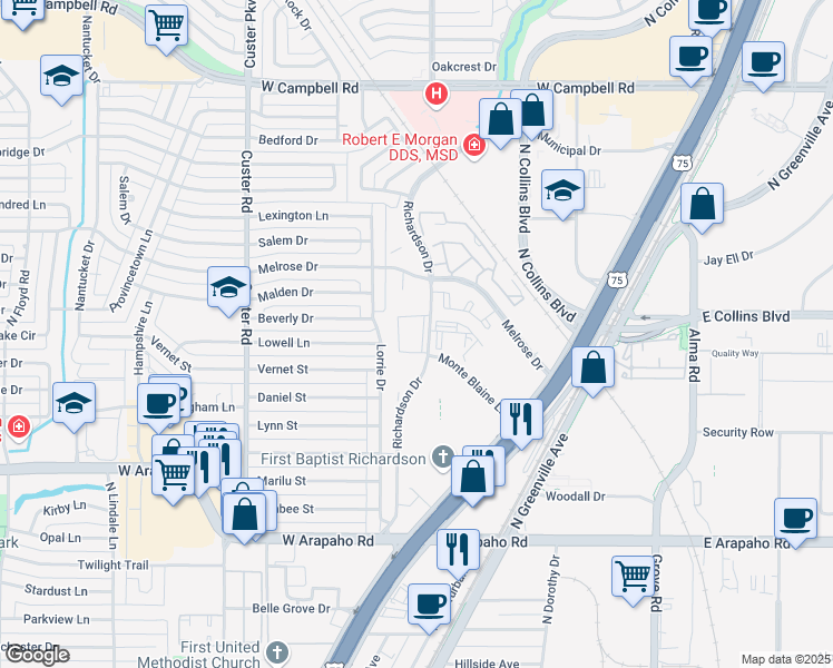 map of restaurants, bars, coffee shops, grocery stores, and more near 1301 Richardson Drive in Richardson