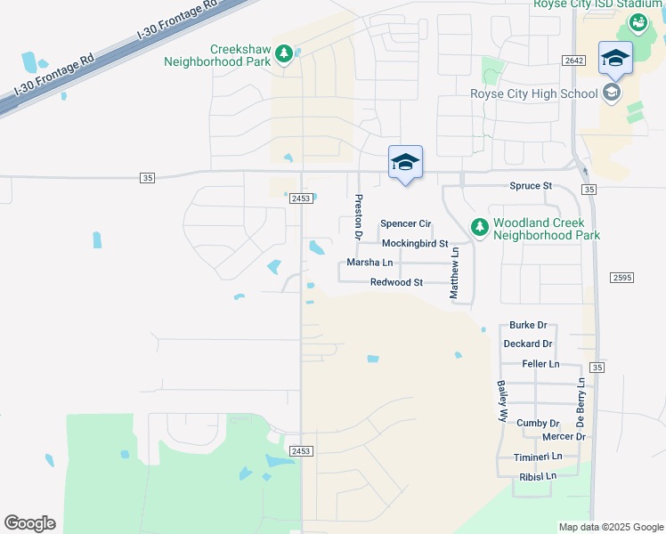 map of restaurants, bars, coffee shops, grocery stores, and more near 905 Zoe Street in Royse City