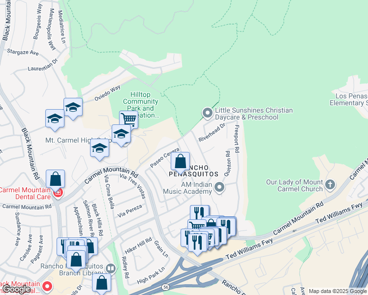 map of restaurants, bars, coffee shops, grocery stores, and more near 13879 Paseo Cardiel in San Diego