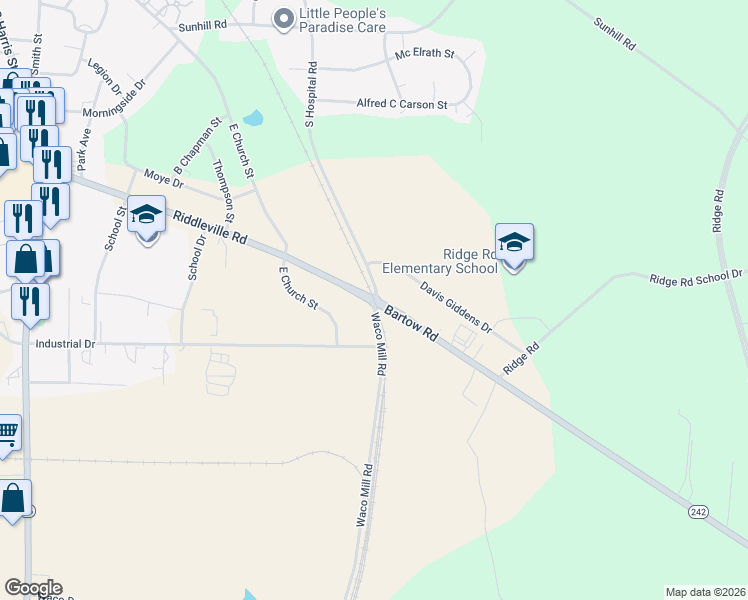 map of restaurants, bars, coffee shops, grocery stores, and more near 734 Riddleville Road in Sandersville