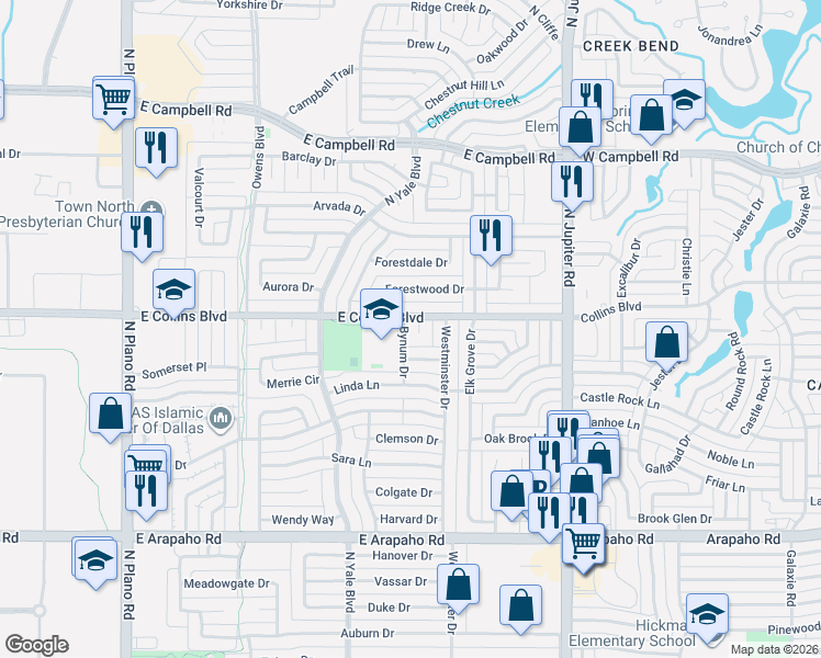 map of restaurants, bars, coffee shops, grocery stores, and more near 1513 Purdue Circle in Richardson
