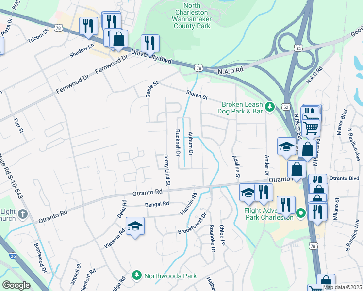 map of restaurants, bars, coffee shops, grocery stores, and more near 8760 Bucknell Drive in North Charleston