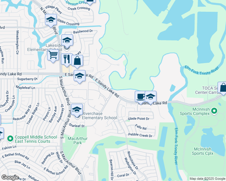 map of restaurants, bars, coffee shops, grocery stores, and more near 1360 East Sandy Lake Road in Coppell