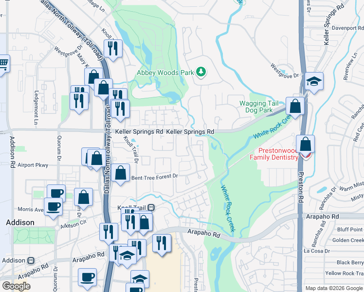 map of restaurants, bars, coffee shops, grocery stores, and more near 16000 Bent Tree Forest Circle in Dallas