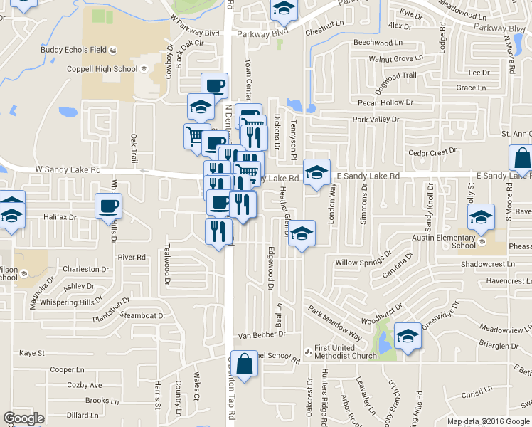 map of restaurants, bars, coffee shops, grocery stores, and more near 140 Glenwood Dr in Coppell