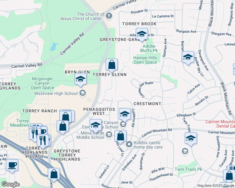map of restaurants, bars, coffee shops, grocery stores, and more near 13653 Calderon Road in San Diego