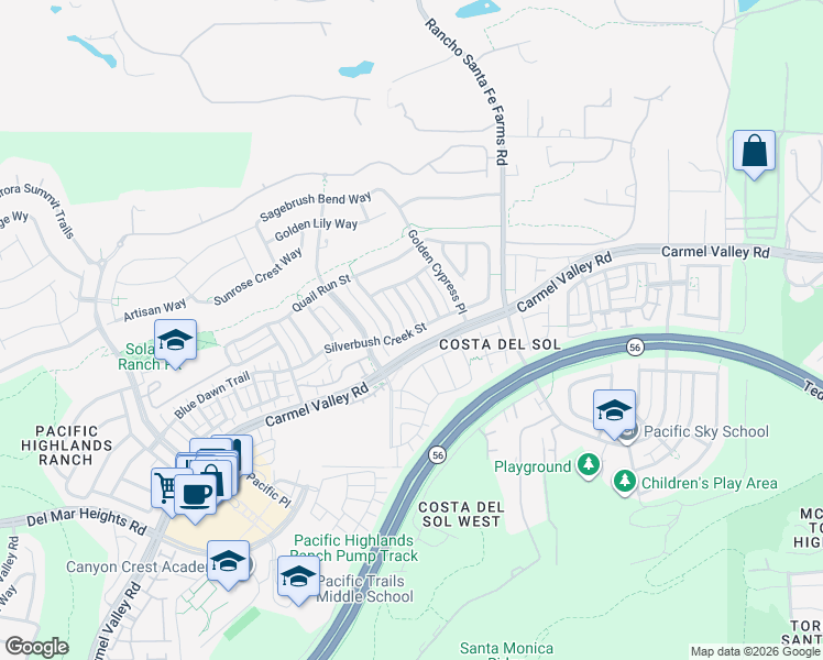 map of restaurants, bars, coffee shops, grocery stores, and more near 13528 Peach Tree Way in San Diego