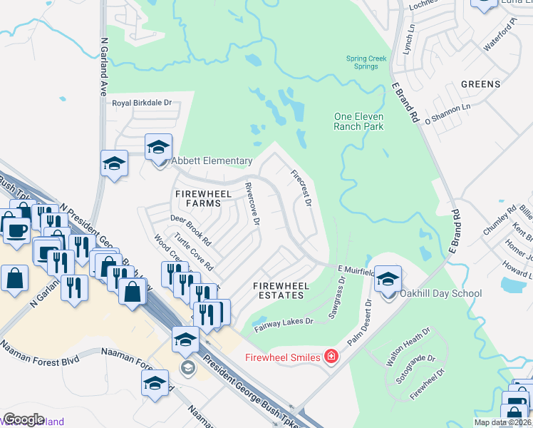 map of restaurants, bars, coffee shops, grocery stores, and more near 414 Rivercove Dr in Garland