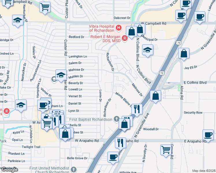 map of restaurants, bars, coffee shops, grocery stores, and more near 1301 Richardson Drive in Richardson