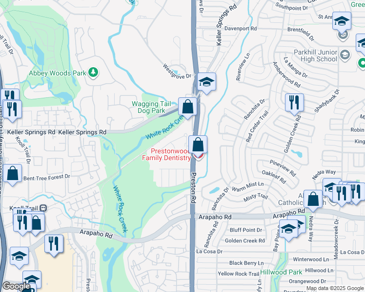 map of restaurants, bars, coffee shops, grocery stores, and more near 16007 Chalfont Circle in Dallas