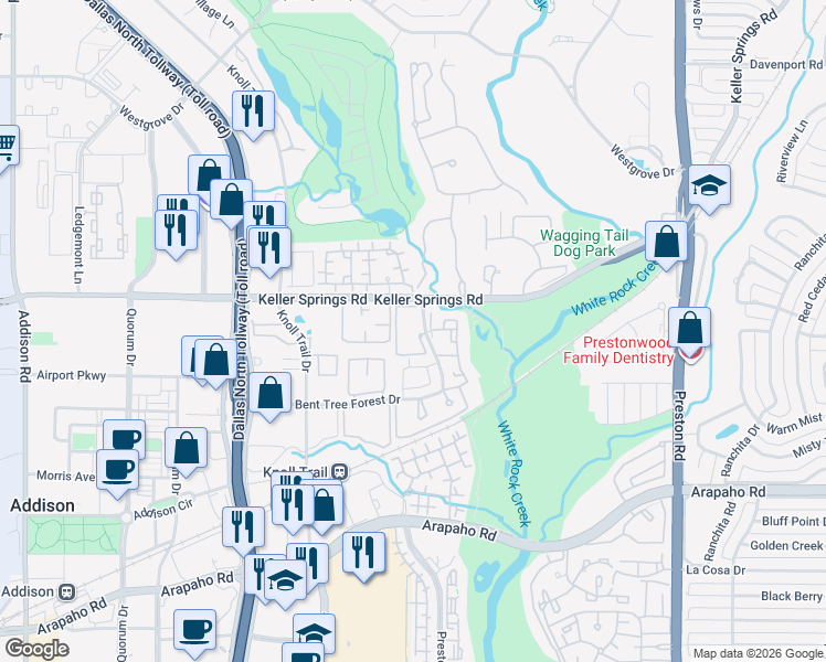 map of restaurants, bars, coffee shops, grocery stores, and more near 16007 Bent Tree Forest Circle in Dallas