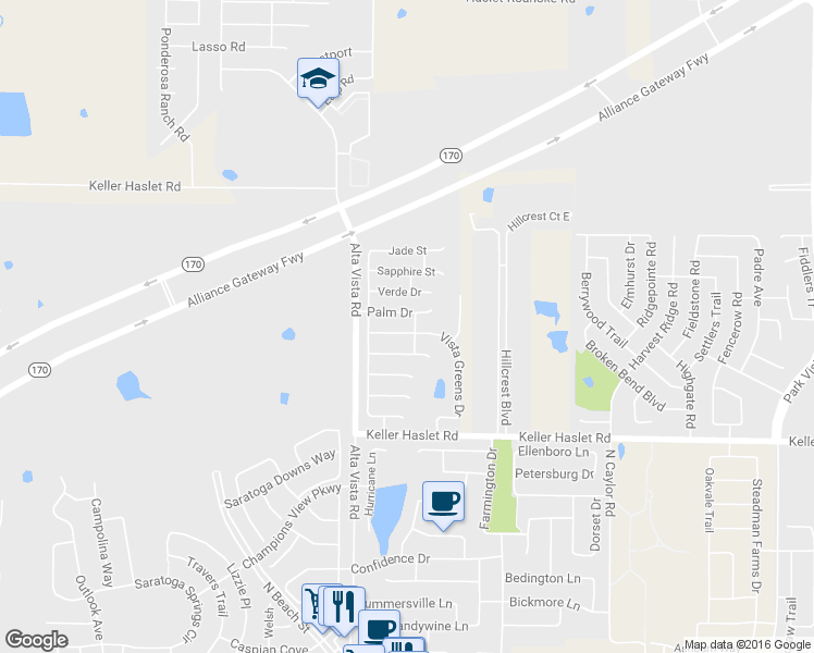 map of restaurants, bars, coffee shops, grocery stores, and more near 3724 Vista Greens Drive in Fort Worth