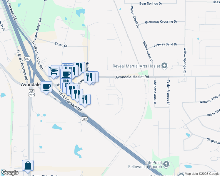 map of restaurants, bars, coffee shops, grocery stores, and more near 13101 Avondale Farms Rd in Haslet