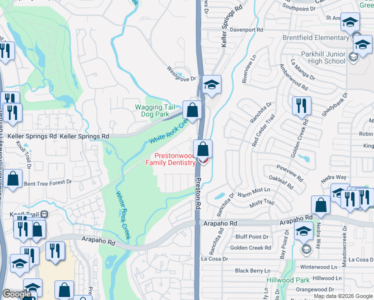 map of restaurants, bars, coffee shops, grocery stores, and more near 16007 Chalfont Circle in Dallas