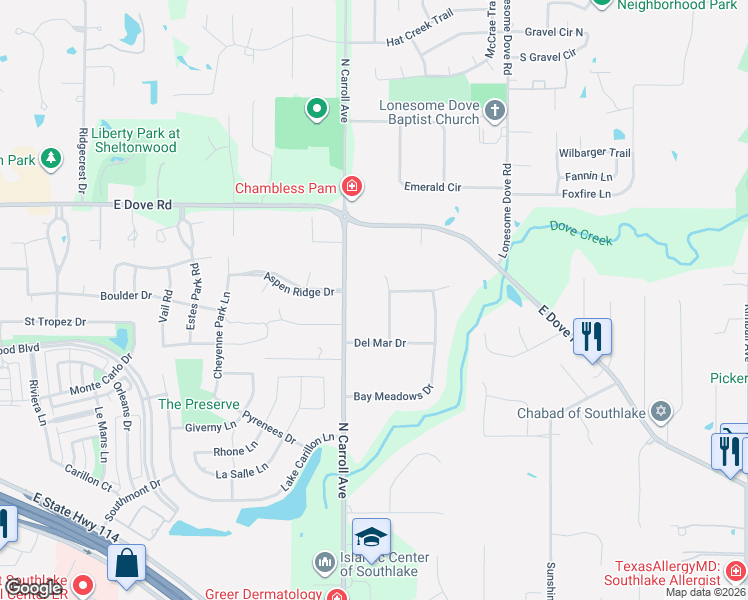 map of restaurants, bars, coffee shops, grocery stores, and more near 2008 Woodbine Circle in Southlake