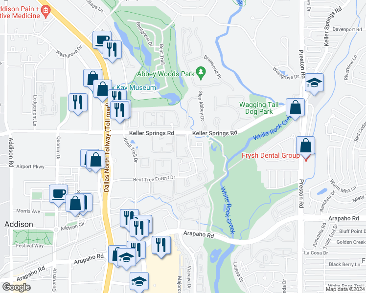 map of restaurants, bars, coffee shops, grocery stores, and more near 5310 Keller Springs Road in Dallas