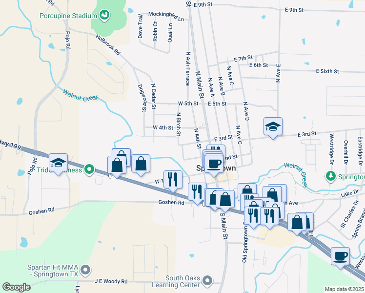 map of restaurants, bars, coffee shops, grocery stores, and more near 206 Walnut Bend Road in Springtown