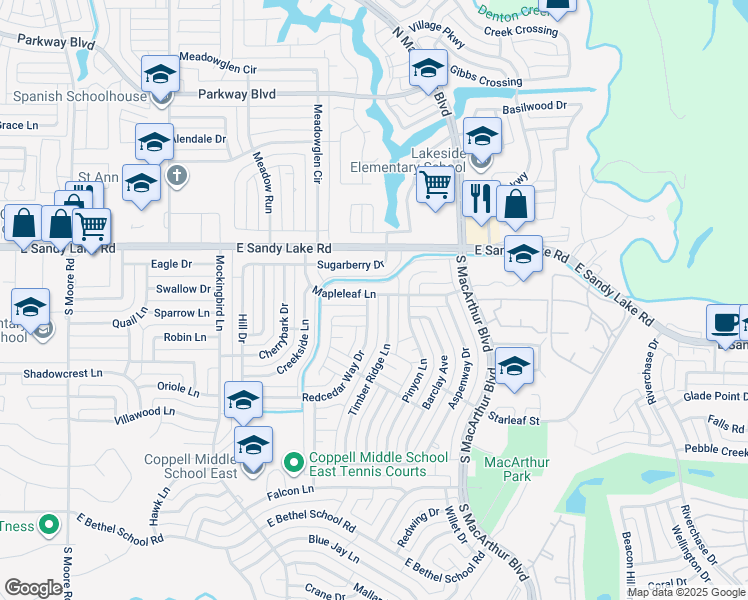map of restaurants, bars, coffee shops, grocery stores, and more near 215 Timber Ridge Lane in Coppell